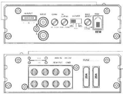 H I P U T 000000 INPUT GAM H LO/RAS X CWM BASS BOOST REM REM REM IN DC/IV REMT/UT GND FUSE 20A 20A