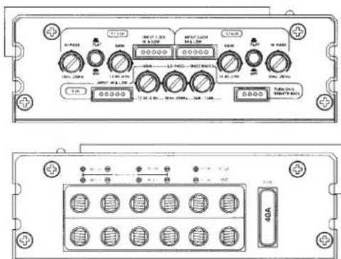 Technical diagram of an electronic device front panel with labeled ports and control knobs