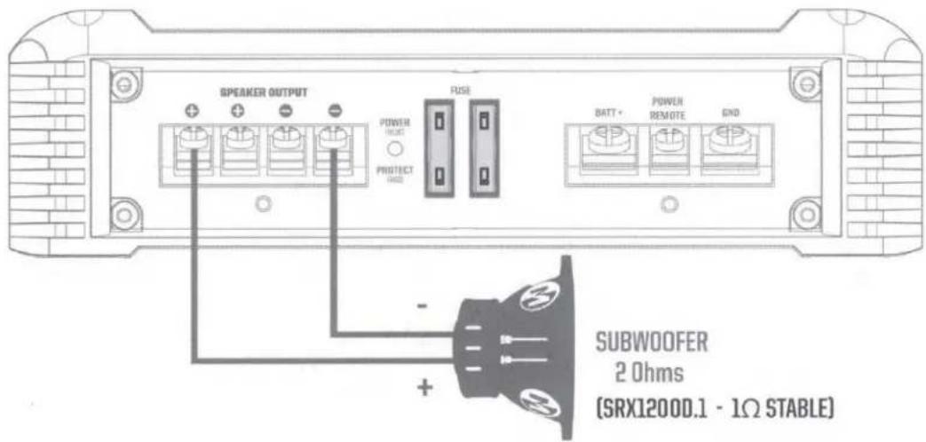 SPEAKER OUTPUT POWER OUTPUT PROTECT GND FUSE BATT + POWER REMOTE GND - + SUBWOOFER 2 Ohms (SRX1200D.1 - 1Ω STABLE)