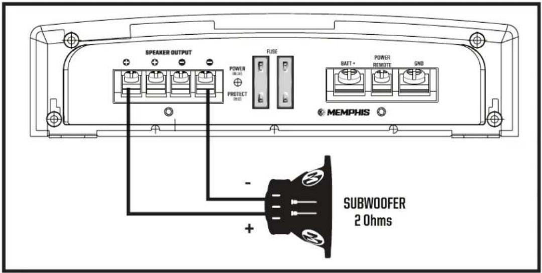SPEAKER OUTPUT POWER (10.14) PROTECT (95.23) FUSE BATT + POWER REMOTE GND MEMPHIS - + SUBWOOFER 2 Ohms