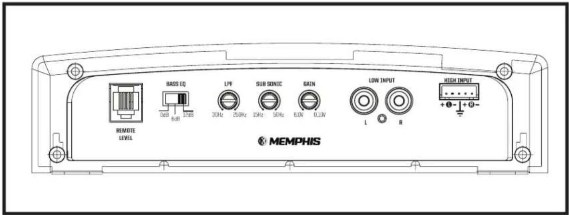 REMOTE LEVEL BASS EQ LPF SUB SONIC GAIN LOW INPUT HIGH INPUT MEMPHIS 0dB 1dB 30Hz 250Hz 15Hz 50Hz 6.0V 0.0V L R + - + - - + - -