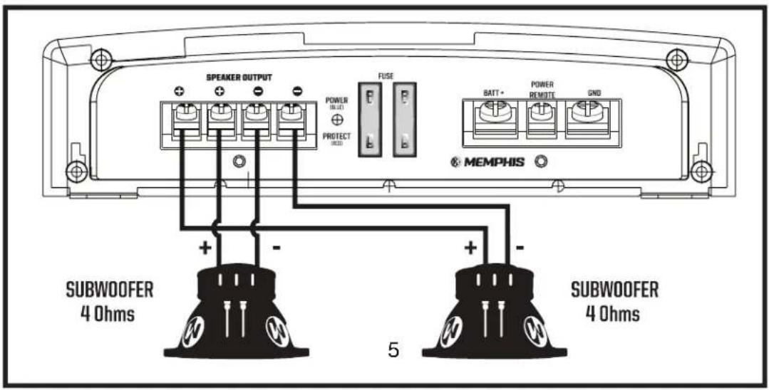 SPEAKER OUTPUT POWER HOLD PROTECT FUSE BATT + POWER REMOTE GND MEMPHIS SUBWOOFER 4 Ohms 5 SUBWOOFER 4 Ohms