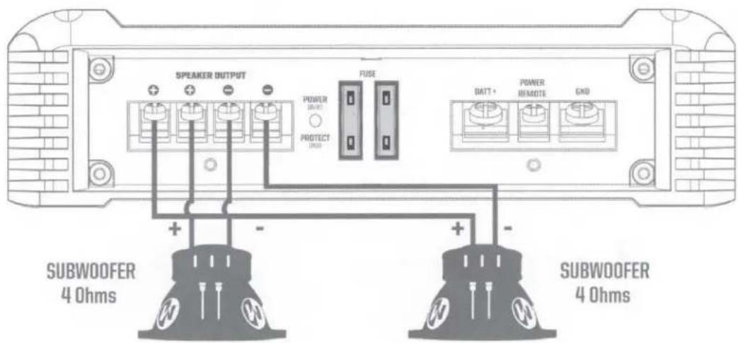 SPEAKER OUTPUT POWER DRIVE PROTECT FUSE BATT + POWER REMOTE GND SUBWOOFER 4 Ohms SUBWOOFER 4 Ohms