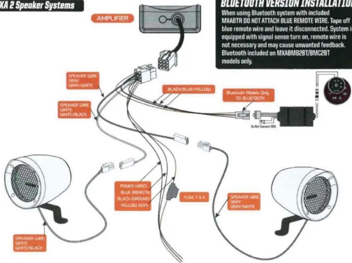 XA 2 Speaker Systems AMPLIFIER SPEAKER WIRE GRAY GRAY/WHITE SPEAKER WIRE WHITE WHITE/BLACK SPEAKER WIRE WHITE WHITE/BLACK BLACK/BLUE/YELLOW PULSE 7.5 A SPEAKER WIRE GRAY GRAY/WHITE Bluetooth Models Only TO BLUETOOTH Do Not Connect RCA BLUETOOTH VERSION INSTALLATION When using Bluetooth system with included MXABTR DO NOT ATTACH BLUE REMOTE WIRE. Tape off blue remote wire and leave it disconnected. System is equipped with signal sense turn on, remote wire is not necessary and may cause unwanted feedback. Bluetooth included on MXABM82BT/8MC2BT models only.