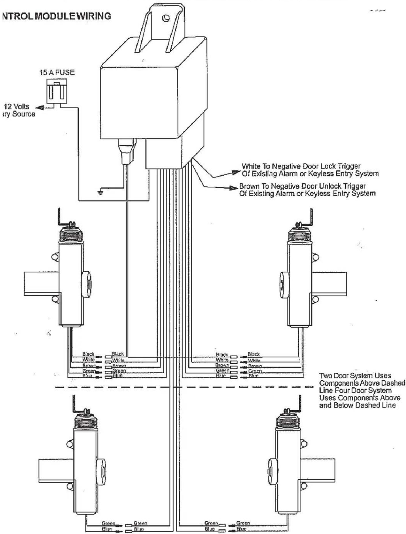 NTROL MODULE WIRING 15 A FUSE 12 Volts ery Source White To Negative Door Lock Trigger Of Existing Alarm or Keyless Entry System Brown To Negative Door Unlock Trigger Of Existing Alarm or Keyless Entry System Black Black White White Brown Brown Green Green Blue Blue Two Door System Uses Components Ab…