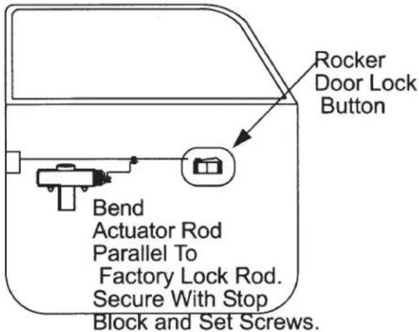 Rocker Door Lock Button Bend Actuator Rod Parallel To Factory Lock Rod. Secure With Stop Block and Set Screws.
