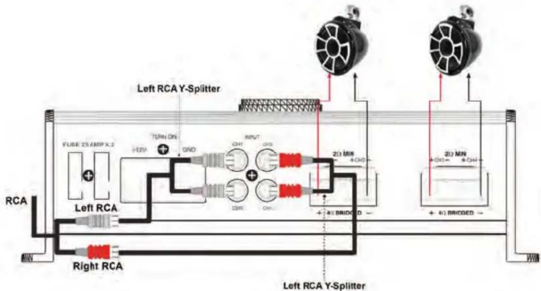 Left RCA Y-Splitter FUBE 25 AMP X.2 H20V TURN ON GND INPUT CH1 CH3 20 MIN + CHD RCA Left RCA Right RCA 40 BRICED 20 MIN + CHD + 40 BRICED Left RCA Y-Splitter