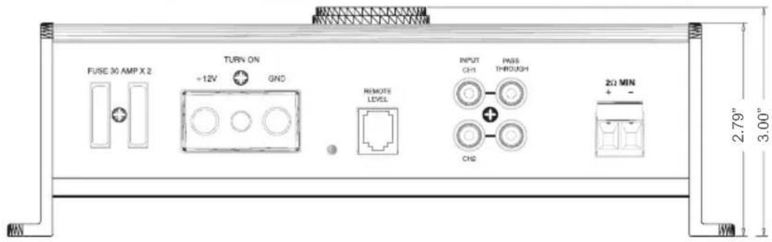 FUSE 30 AMP X 2 +12V GND TURN ON REMOTE LEVEL INPUT CH1 PASS THROUGH + CHS 2Ω MIN + - 2.79" 3.00"