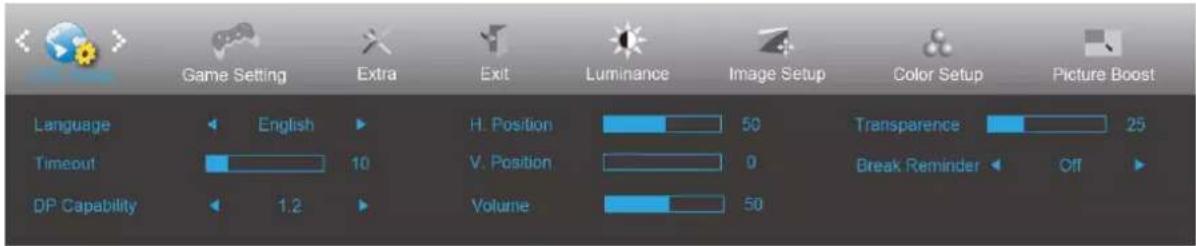 Game Setting Extra Exit Luminance Image Setup Color Setup Picture Boost Language English H. Position 50 Transparence 25 Timeout 10 V. Position 0 Break Reminder Off DP Capability 1.2 Volume 50