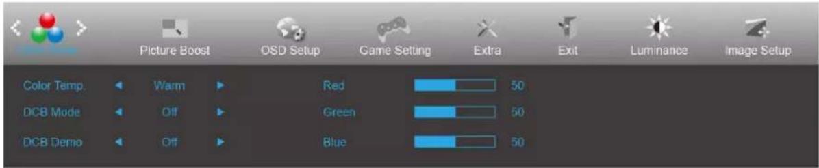 Picture Boost OSD Setup Game Setting Extra Exit Luminance Image Setup Color Temp. Warm Red 50 DCB Mode Off Green 50 DCB Demo Off Blue 50