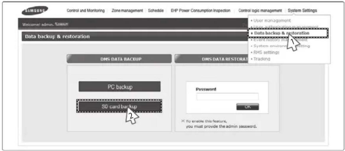 SAMSUNG Control and Monitoring Zone management Schedule EHP Power Consumption Inspection Control logic management System Settings Welcome admin. Webperf Data backup & restoration • User management • Data backup & restoration • Event history management • System environment setting • RMS settings • Tr…