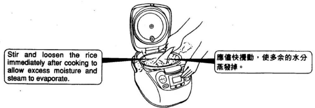 Stir and loosen the rice immediately after cooking to allow excess moisture and steam to evaporate. 應儘快攪動,使多余的水分蒸發掉。
