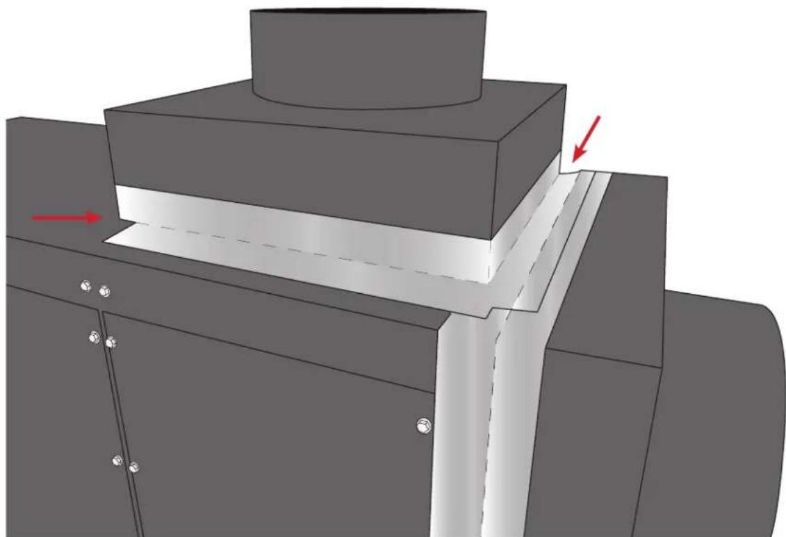 3D mechanical assembly diagram showing layered components with red arrows indicating force or movement (no text or symbols)
