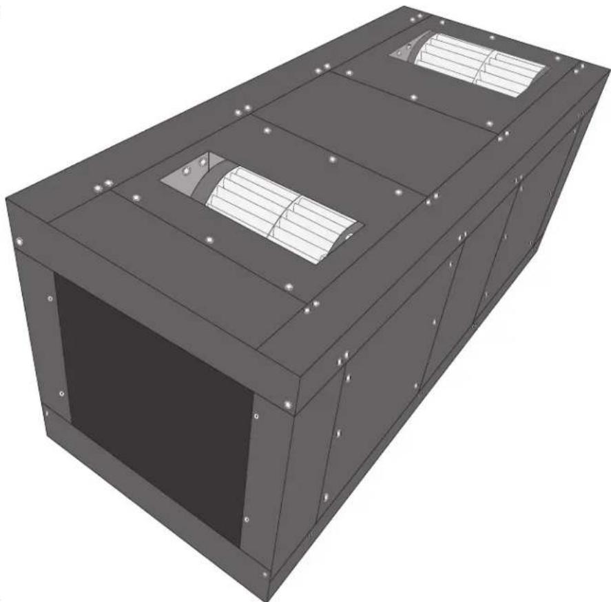 3D rendering of a rectangular industrial or warehouse unit with internal compartments and mounting holes (no text or symbols visible)