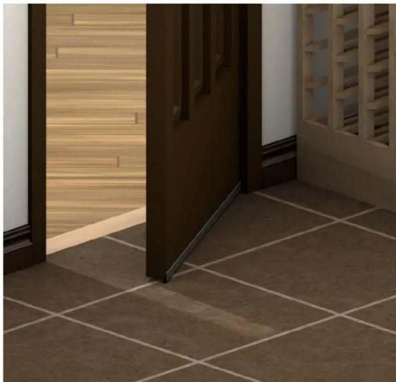 Interior view of a modern room with wooden doors and tiled flooring, no visible text or symbols