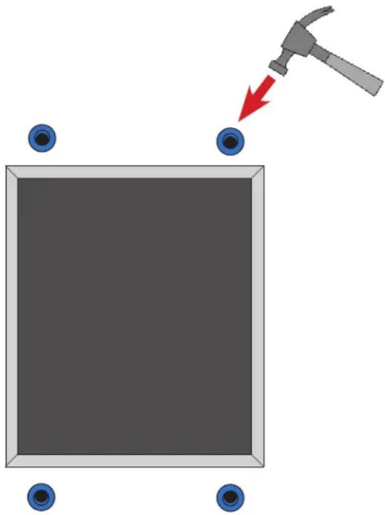 Diagram showing a hammer striking a square with blue eyes, no text or symbols present