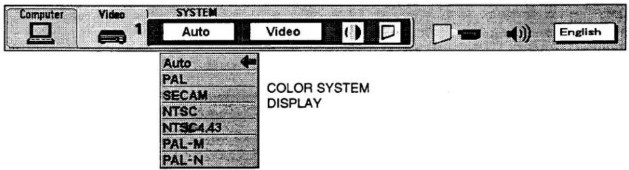 Computer Video 1 SYSTEM Auto Video English Auto PAL SECAM NTSC NTSC4.43 PAL-M PAL-N COLOR SYSTEM DISPLAY