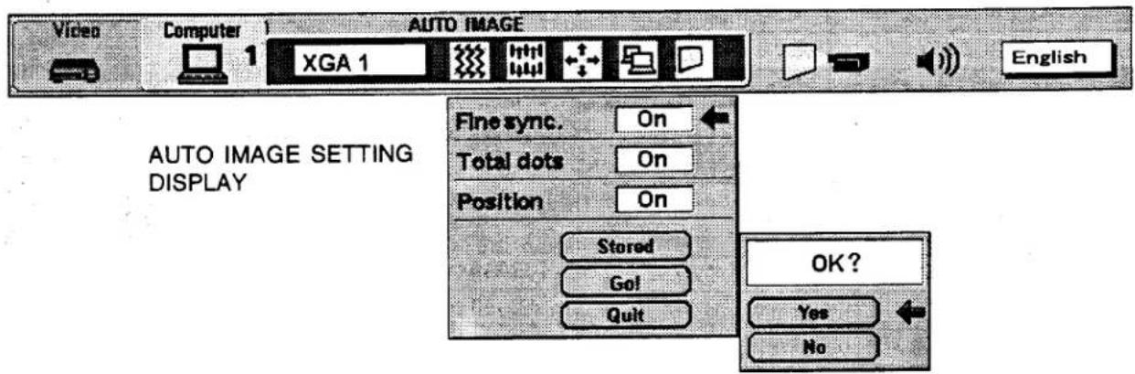 Video Computer 1 AUTO IMAGE XGA 1 English Fine sync. On Total dots On Position On Stored Go! Quit OK? Yes No AUTO IMAGE SETTING DISPLAY