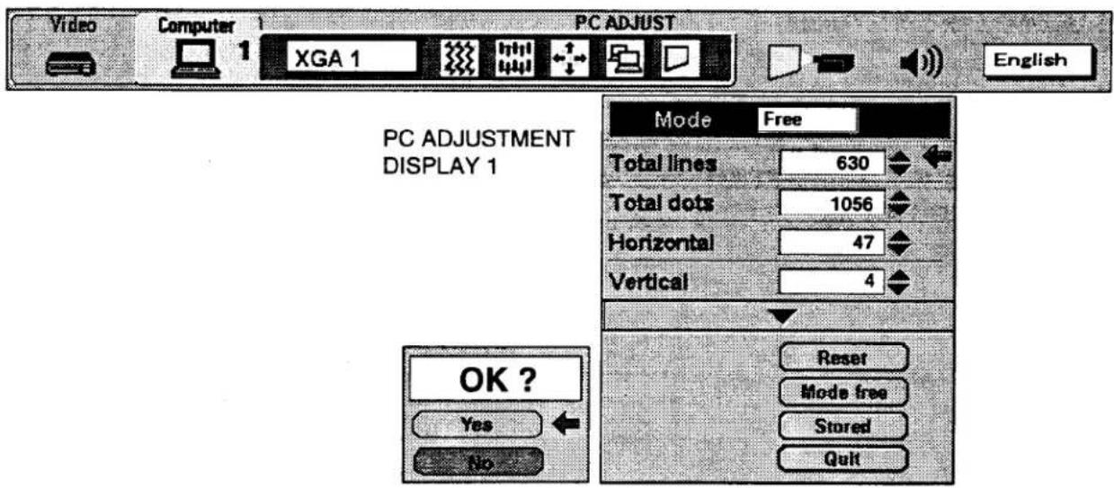 Video Computer XGA 1 PC ADJUST English PC ADJUSTMENT DISPLAY 1 Mode Free Total lines 630 Total dots 1056 Horizontal 47 Vertical 4 OK ? Yes No Reset Mode free Stored Quit
