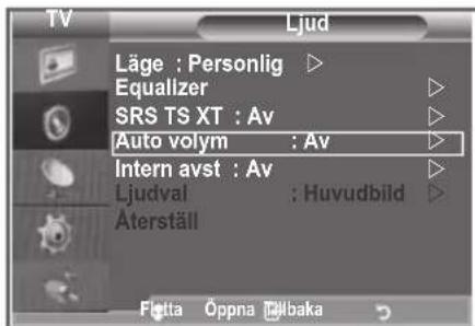 TV Ljud Läge : Personlig ▶ Equalizer ▶ SRS TS XT : Av ▶ Auto volym : Av ▶ Intern avst : Av ▶ Ljudval : Huvudbild ▶ Äterställ Flotta Óppna Ülbaka
