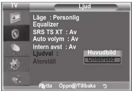 Ljud Läge : Personlig Equalizer SRS TS XT : Av Auto volym : Av Intern avst : Av Ljudval : Äterställ Huvudbild Underbild Pyyta Öppnä Tillbaka