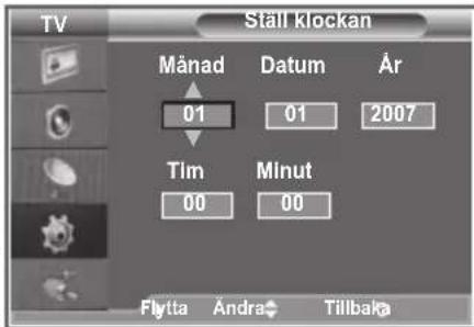 TV Ställ klockan Månad Datum År 01 01 2007 Tlm Minut 00 00 Flytta Andra Tillbaka