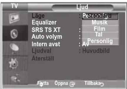 TV Ljud Läge : Perstandard Equalizer : Musik SRS TS XT : Film Auto volym : Tai Intern avst : Personlig Ljudval : Huvudbild Äterställ Flutta Öppna Tillbaka