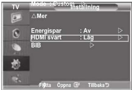 TV Mode : Custom Installing △Mer Energispar : Av HDMI svart : Låg BIB Fikta Öppna Tillbaka