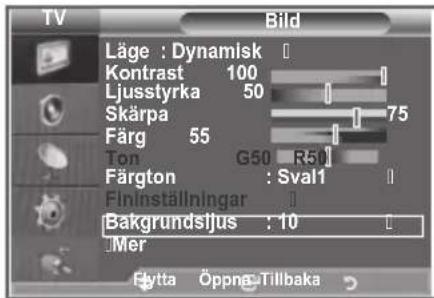 TV Bild Läge : Dynamisk Kontrast 100 Ljusstyrka 50 Skärpa 75 Färg 55 Ton G50 R50 Färgton : Sval1 Fininställningar Bakgrundsijus : 10 Mer Flytta Öppng-Tillbaka