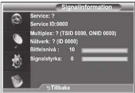 Signalinformation Service: ? Service ID:0000 Multiplex: ? (TSID 0000, ONID 0000) Nätverk: ? (ID 0000) Bitfelsnivå : 10 Signalstyrka: 0 Tillbaka