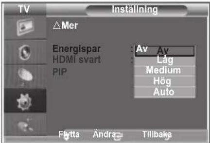TV Installning △Mer Energispar HDMI svart PIP Av Av Låg Medium Hög Auto Flutta Ändra Tillbaka