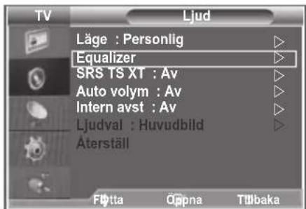 TV Ljud Läge : Personlig Equalizer SRS TS XT : Av Auto volym : Av Intern avst : Av Ljudval : Huvudbild Äterställ Fötta Öppna Tölbaka