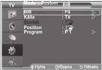 TV Mode : Custom BIB BIB : På Källa : TV Storlek : Position : Program : P 1 Flytta Öppna Tillbaka