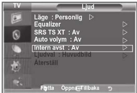 TV Ljud Läge : Personlig ▶ Equalizer SRS TS XT : Av Auto volym : Av Intern avst : Av Ljudval : Huvudbild Äterställ Flutta Öppnä: Tillbaka