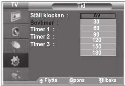Tid Ställ klockan : Av Sovtimer : 30 Timer 1 : 60 Timer 2 : 90 Timer 3 : 120 150 180 Flytta Öppna Fillbaka