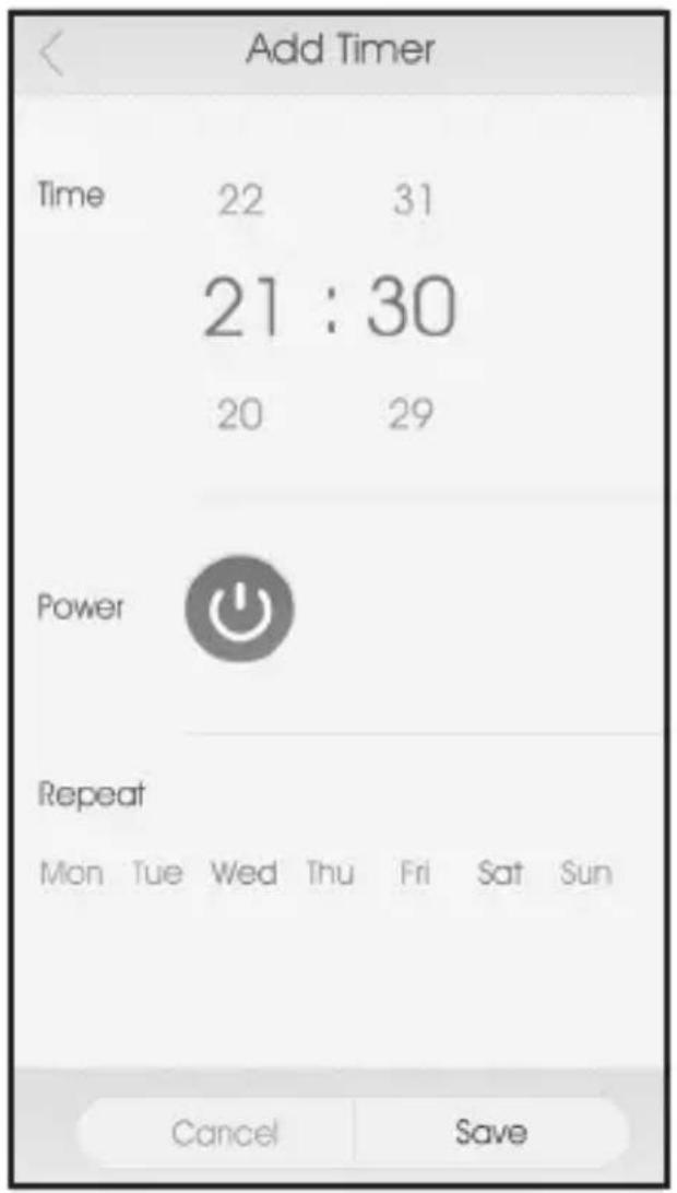 Add Timer Time 22 31 21 : 30 20 29 Power Repeat Mon Tue Wed Thu Fri Sat Sun Cancel Save