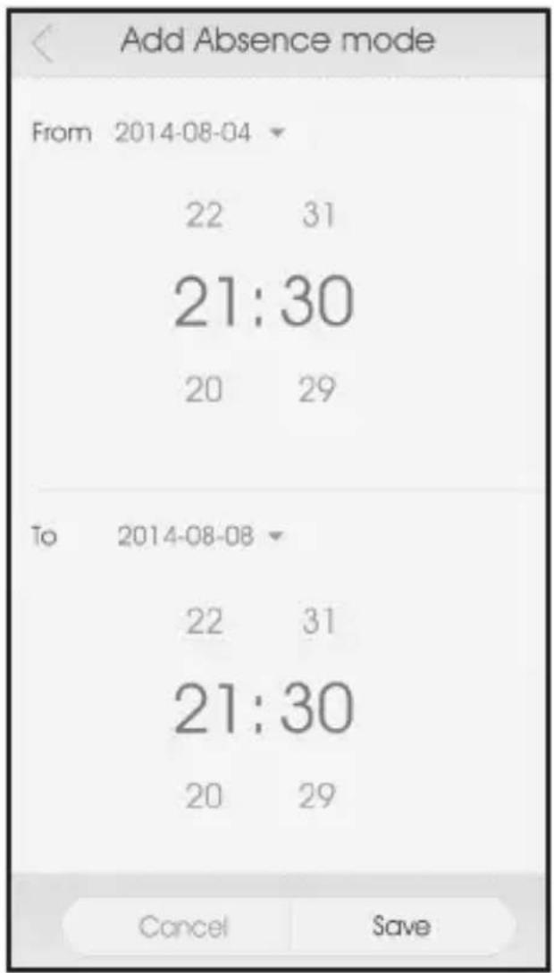 Add Absence mode From 2014-08-04 22 31 21:30 20 29 To 2014-08-08 22 31 21:30 20 29 Cancel Save