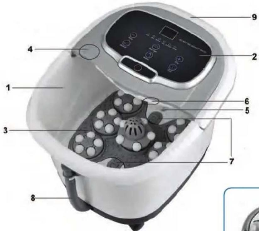 Labeled diagram of a rice cooker interior with numbered parts for identification