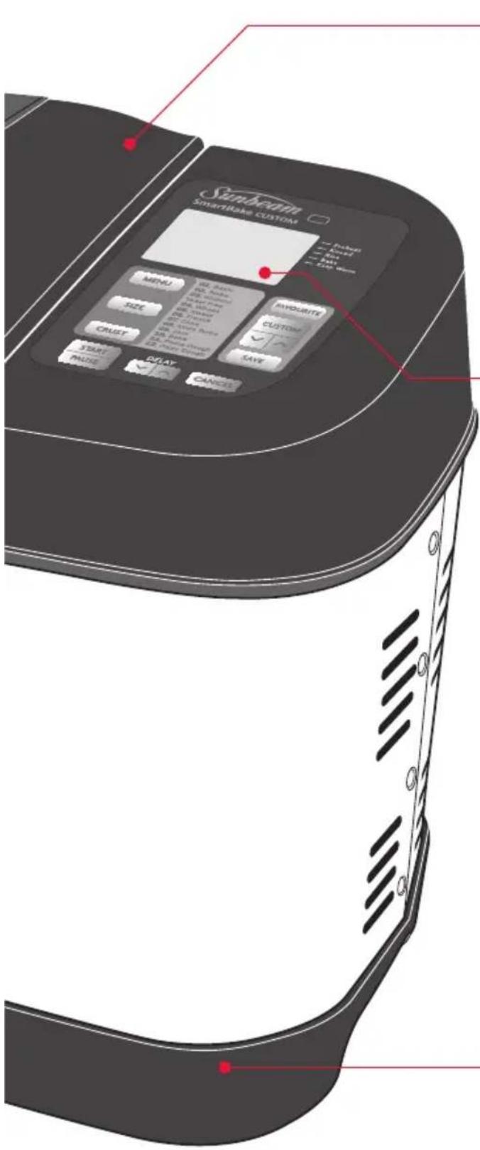 Sunbeam SmartBake CUSTOM MENI SIZE CRUST START MAKE DISH CANCE HYOGARITE CUSTOM SAVE