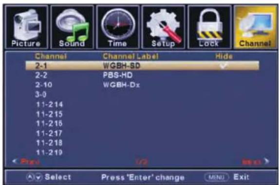 Picture Sound Time Setup Lock Channel Channel Channel Label Hide 2-1 WGBH-SD 2-2 PBS-HD 2-10 WGBH-Dx 3-0 11-214 11-215 11-216 11-217 11-218 11-219 1/2 Next > Select Press 'Enter' change MENU Exit