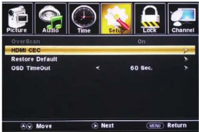 Picture Audio Time Setup Lock Channel OverScan On HDMI CEC Restore Default OSD TimeOut 60 Sec. Move Next MENU Return