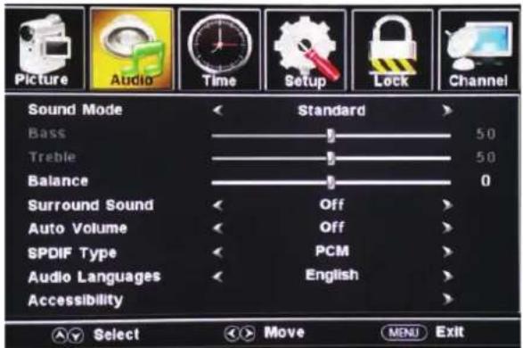 Picture Audio Time Setup Lock Channel Sound Mode Standard Bass 50 Treble 50 Balance 0 Surround Sound Off Auto Volume Off SPDIF Type PCM Audio Languages English Accessibility Select Move MENU Exit