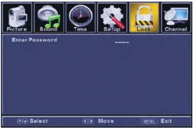 Picture Sound Time Setup Lock Channel Enter Password ---- Select Move MENU Exit