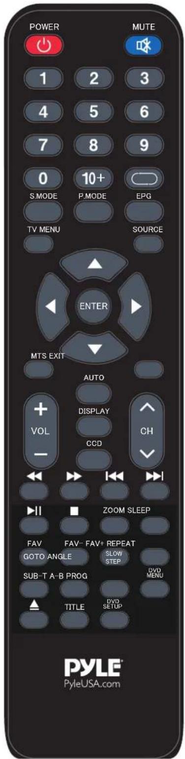 POWER MUTE 1 2 3 4 5 6 7 8 9 0 10+ S.MODE P.MODE EPG TV MENU SOURCE ENTER MTS EXIT AUTO + DISPLAY VOL CCD CH - ZOOM SLEEP FAV FAV- FAV+ REPEAT GOTO ANGLE SLOW STEP SUB-T A-B PROG DVD MENU TITLE DVD SETUP PYLE® PyleUSA.com