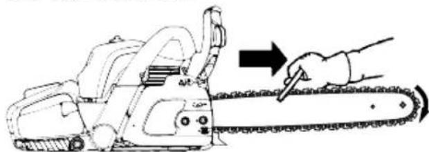Line drawing of a hand using a chainsaw to cut a chain (no text or symbols present)