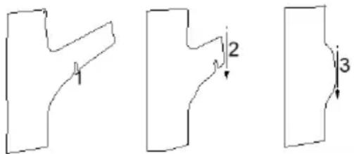 Diagram showing three labeled mechanical or structural components with arrows indicating direction or force points.