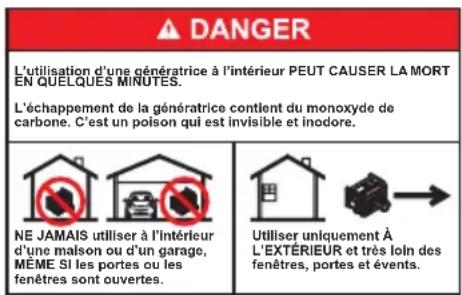 DANGER L'utilisation d'une génératrice à l'intérieur PEUT CAUSER LA MORT EN QUELQUES MINUTES. L'échappement de la génératrice contient du monoxyde de carbone. C'est un poison qui est invisible et inodore. NE JAMAIS utiliser à l'intérieur d'une malson ou d'un garage, MÈME SI les portes ou les fenêtres sont ouvertes. Utiliser uniquement À L'EXTÉRIEUR et très loin des fenêtres, portes et évents.