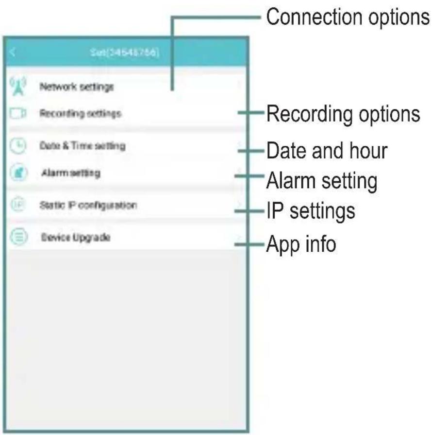 Connection options Network settings Recording settings Date & Time setting Alarm setting Static IP configuration Device Upgrade Recording options Date and hour Alarm setting IP settings App info