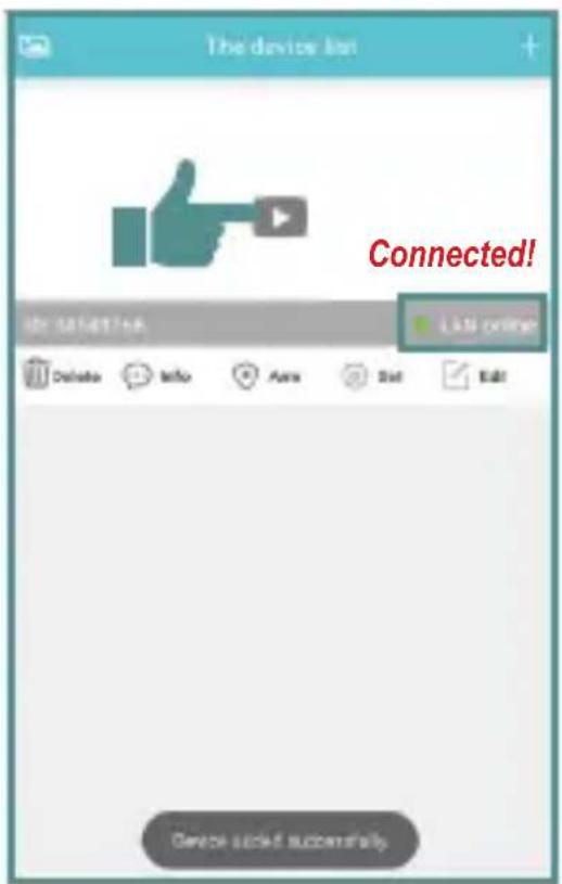 The device list Connected! ID: 5454768 LKS online Delete Info Aurs Dot Edit Device installed successfully.