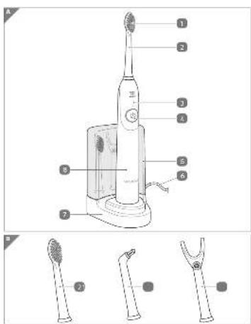 Diagram of an electric toothbrush with labeled parts and exploded view of its internal structure